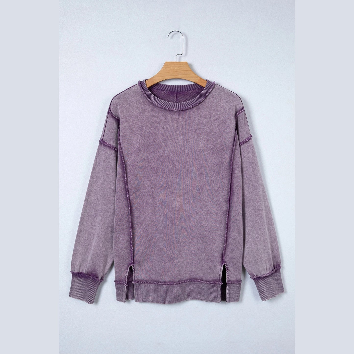 Jettie Purple Mineral Wash Exposed Seam Side Slit Sweatshirt