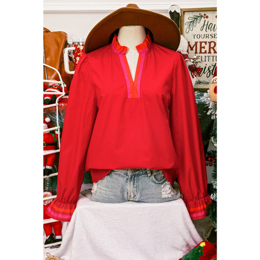 Jewell Fiery Red Striped Trim Ruffle Split Neck Long Sleeve Blouse