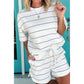 Jezebelle White Stripe Half Sleeve Tee Drawstring Shorts 2pcs Set