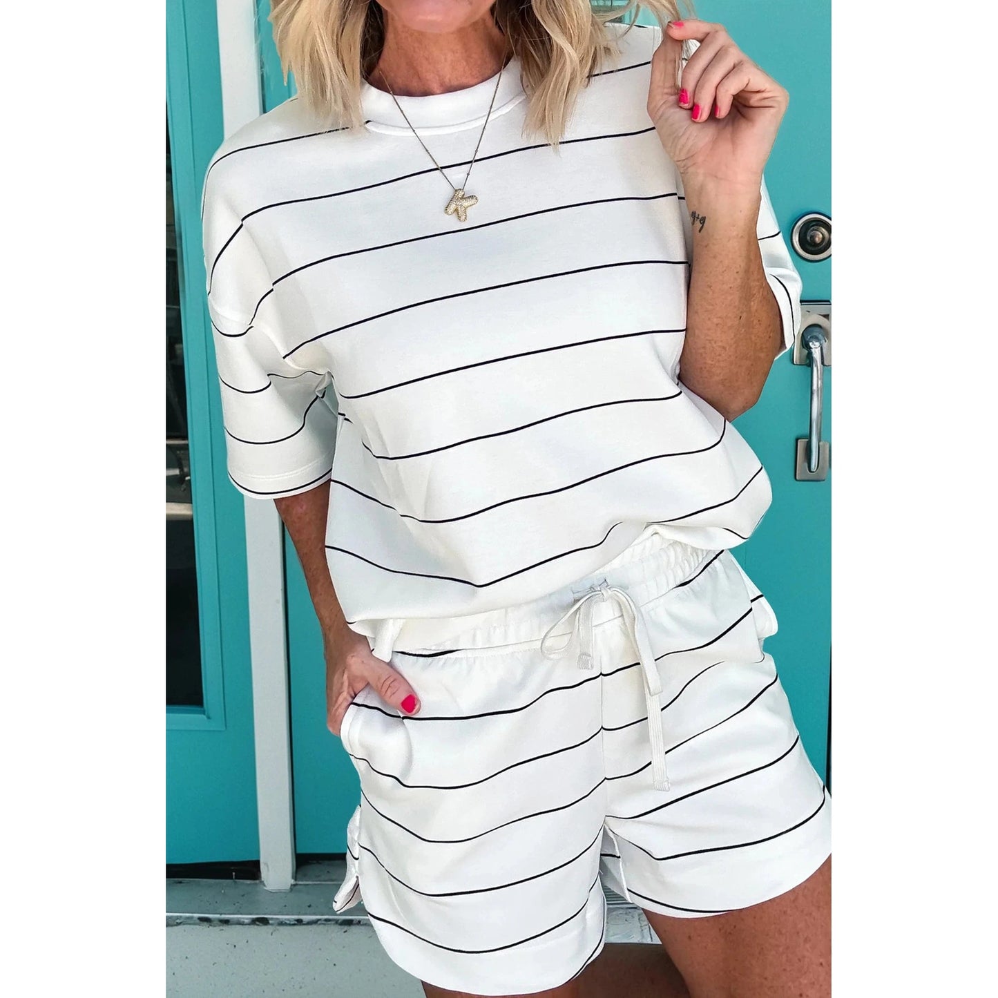 Jezebelle White Stripe Half Sleeve Tee Drawstring Shorts 2pcs Set