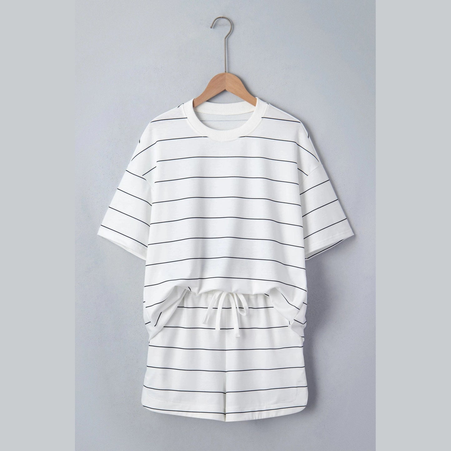Jezebelle White Stripe Half Sleeve Tee Drawstring Shorts 2pcs Set