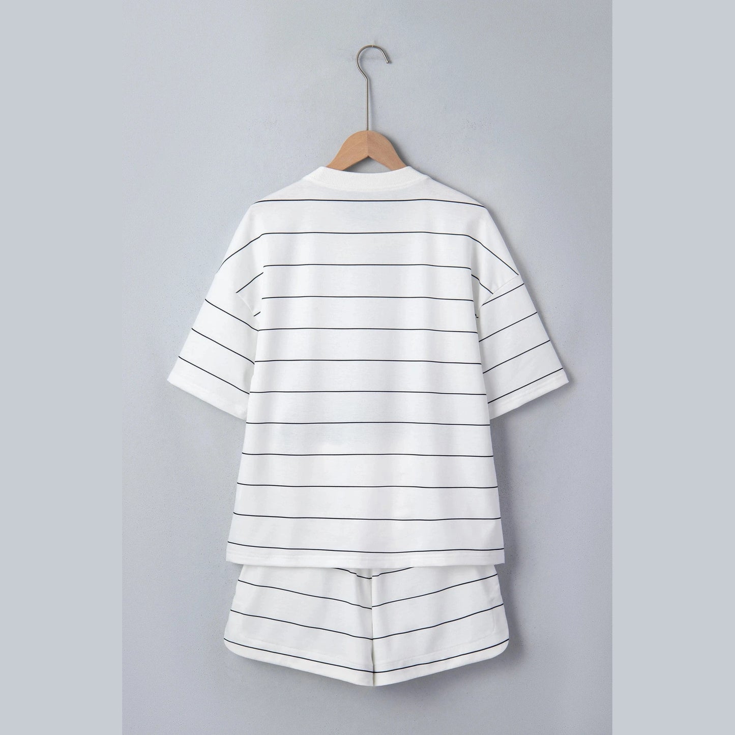 Jezebelle White Stripe Half Sleeve Tee Drawstring Shorts 2pcs Set