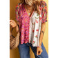 Jezzy Multicolour Boho Floral Patchwork Buttoned Short Sleeve Blouse