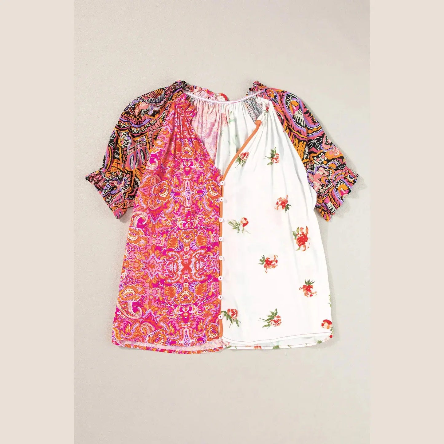 Jezzy Multicolour Boho Floral Patchwork Buttoned Short Sleeve Blouse