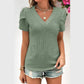 Jinni Mist Green V Neck Petal Sleeve Waffle Knit T-Shirt