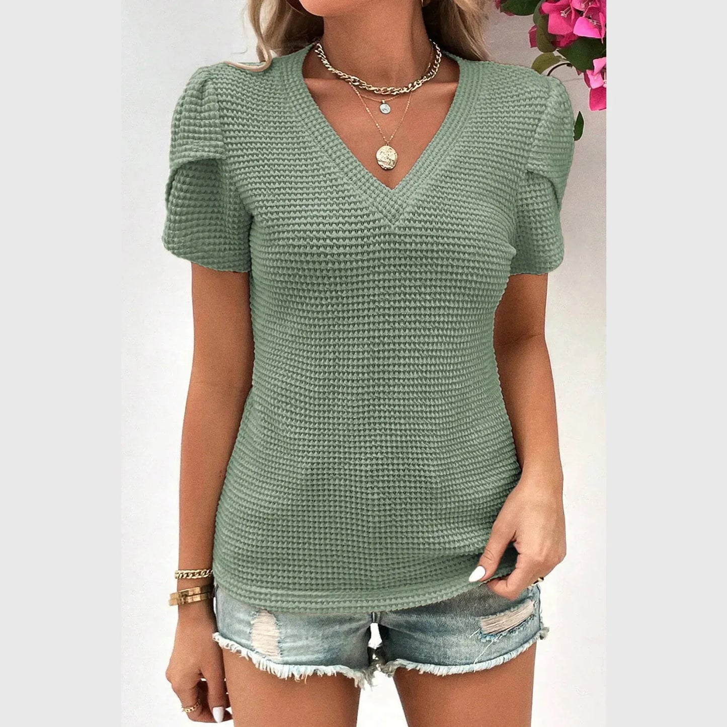 Jinni Mist Green V Neck Petal Sleeve Waffle Knit T-Shirt