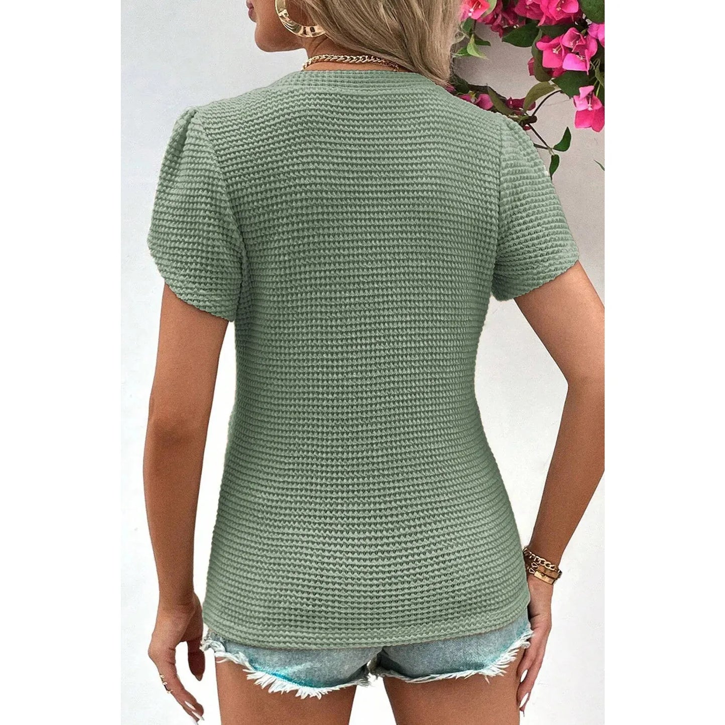 Jinni Mist Green V Neck Petal Sleeve Waffle Knit T-Shirt