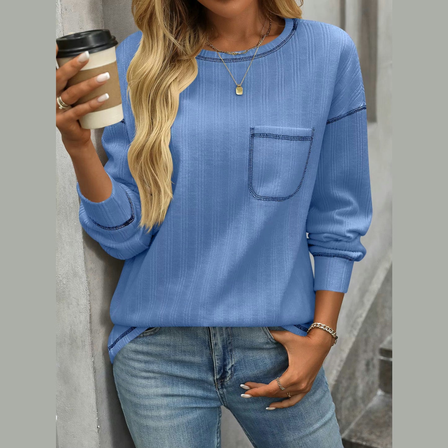 Jo Blue Drop Shoulder Loose Fit Long Sleeve Tee Shirt