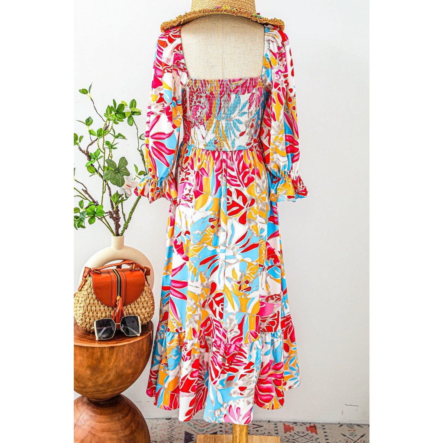 Jo Tropical Print Smocked Bodice Puff Sleeve Maxi Dress