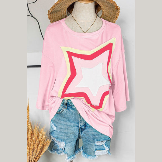 Joan Light Pink Colorblock Star Patched Half Sleeve Oversized Tee