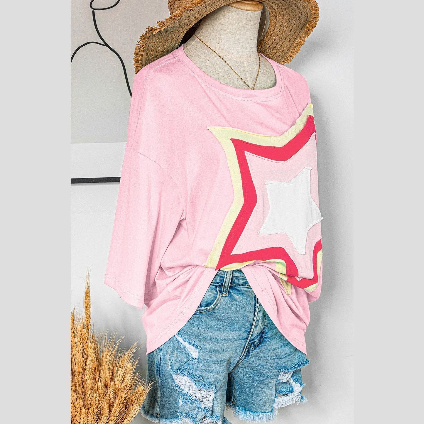 Joan Light Pink Colorblock Star Patched Half Sleeve Oversized Tee