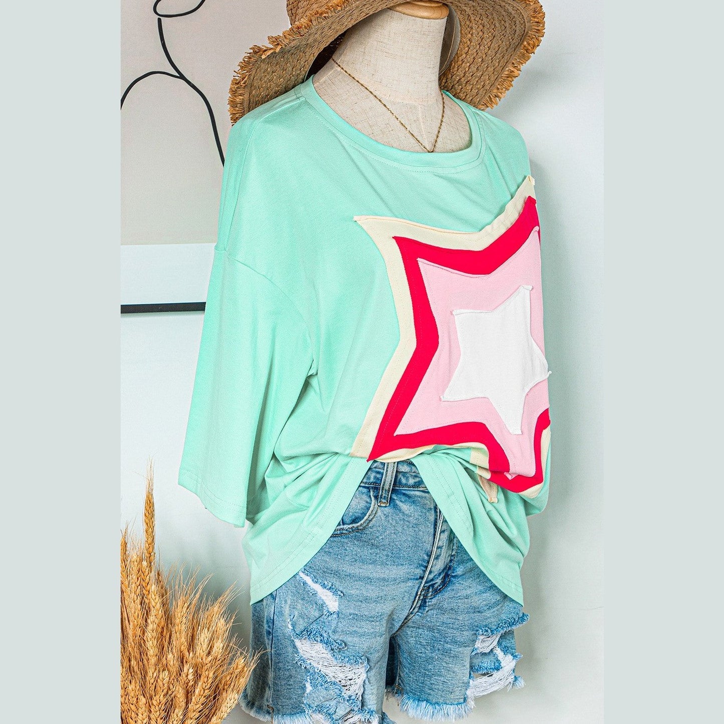 Joan Green Colorblock Star Patched Half Sleeve Oversized Tee