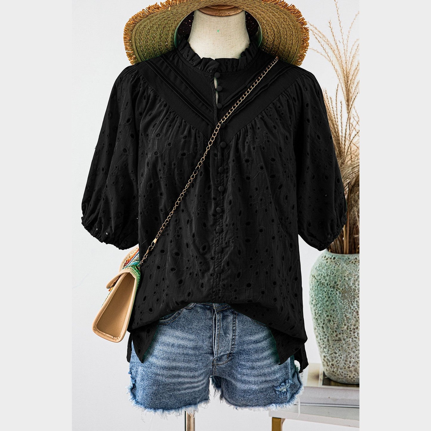 Jocelyn Black Flower Embroidered Hollow-out Puff Sleeve Blouse