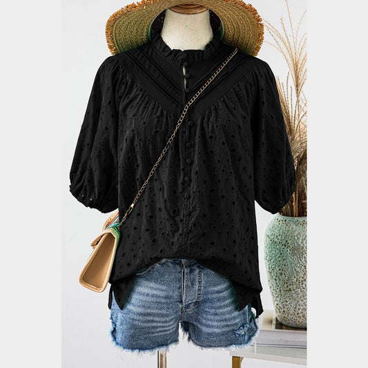 Jocelyn Black Flower Embroidered Hollow-out Puff Sleeve Blouse