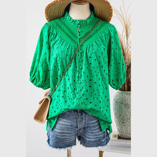 Jocelyn Green Flower Embroidered Hollow-out Puff Sleeve Blouse
