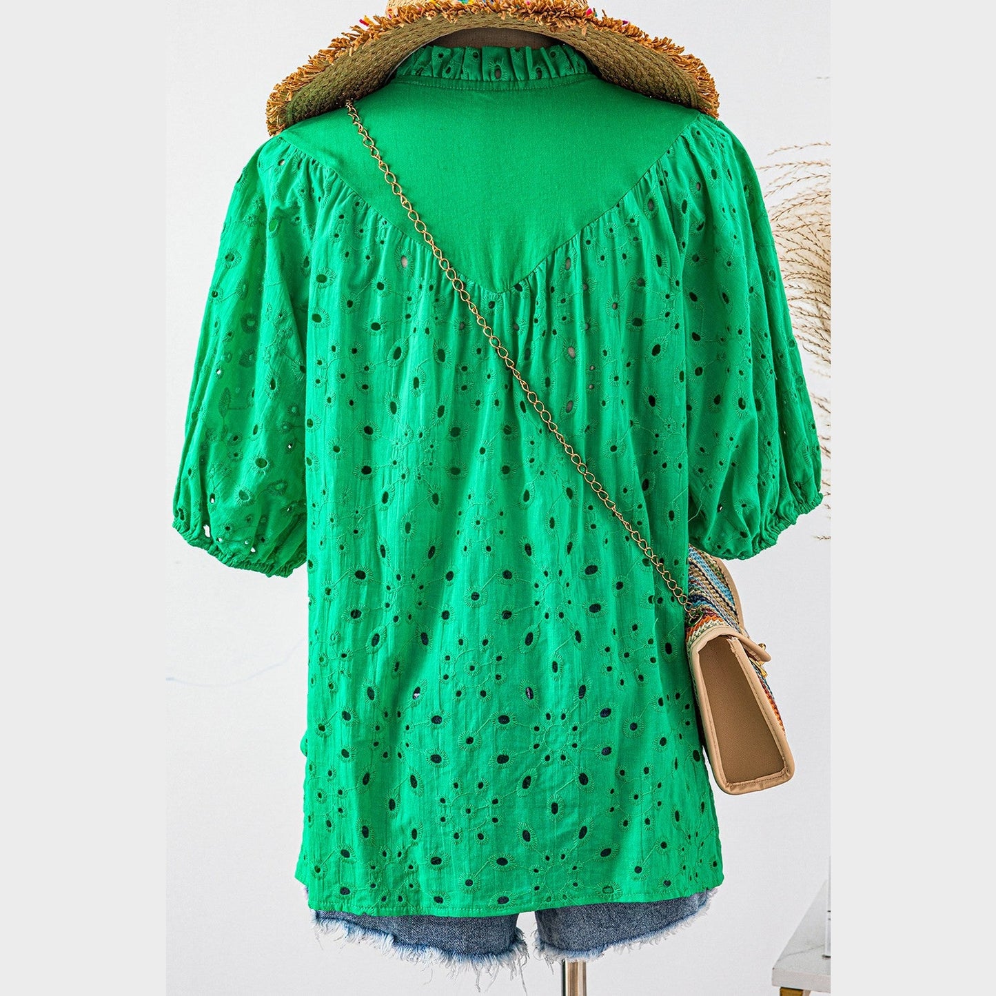 Jocelyn Green Flower Embroidered Hollow-out Puff Sleeve Blouse