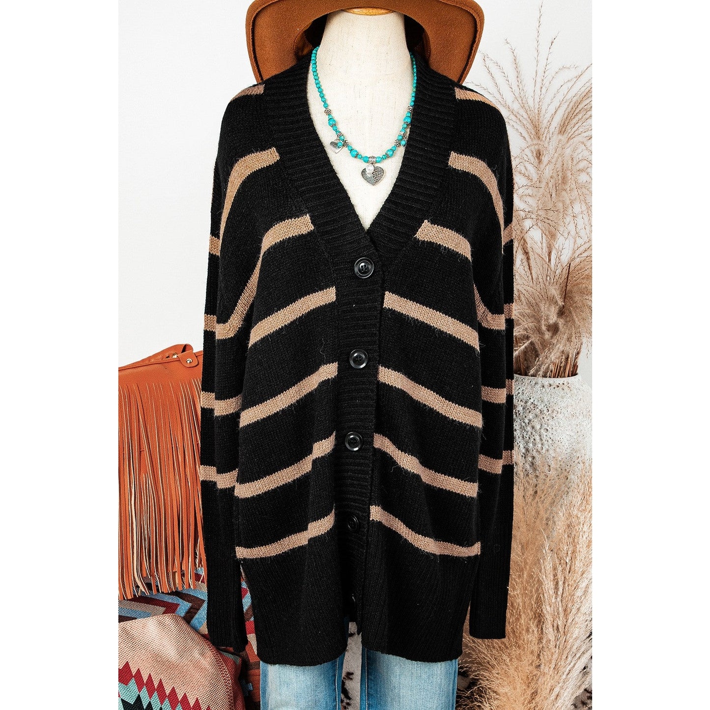 Jocie Black Stripe Buttoned V Neck Drop Shoulder Loose Cardigan