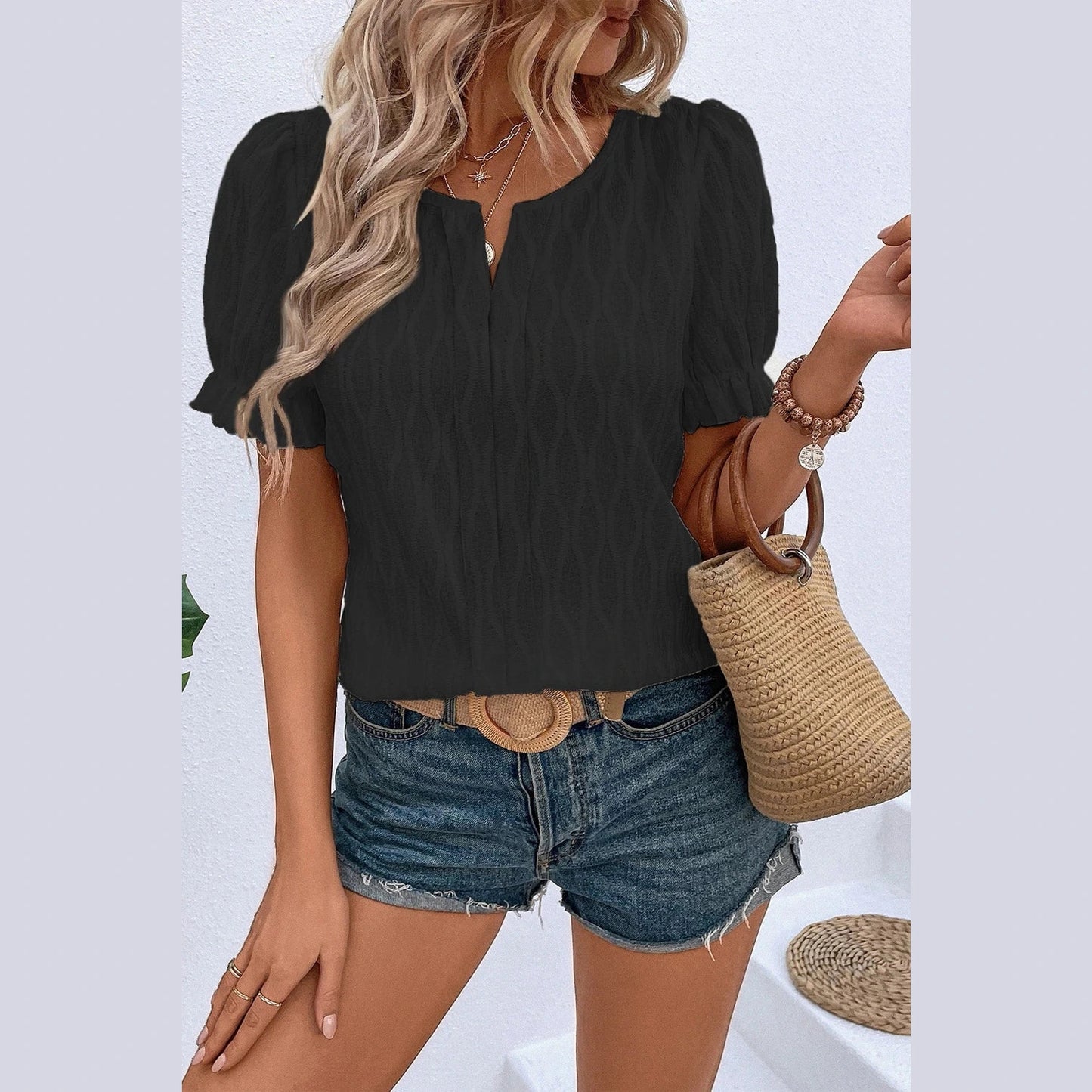 Jocie Black Textured Notched Neck Puff Sleeve Blouse