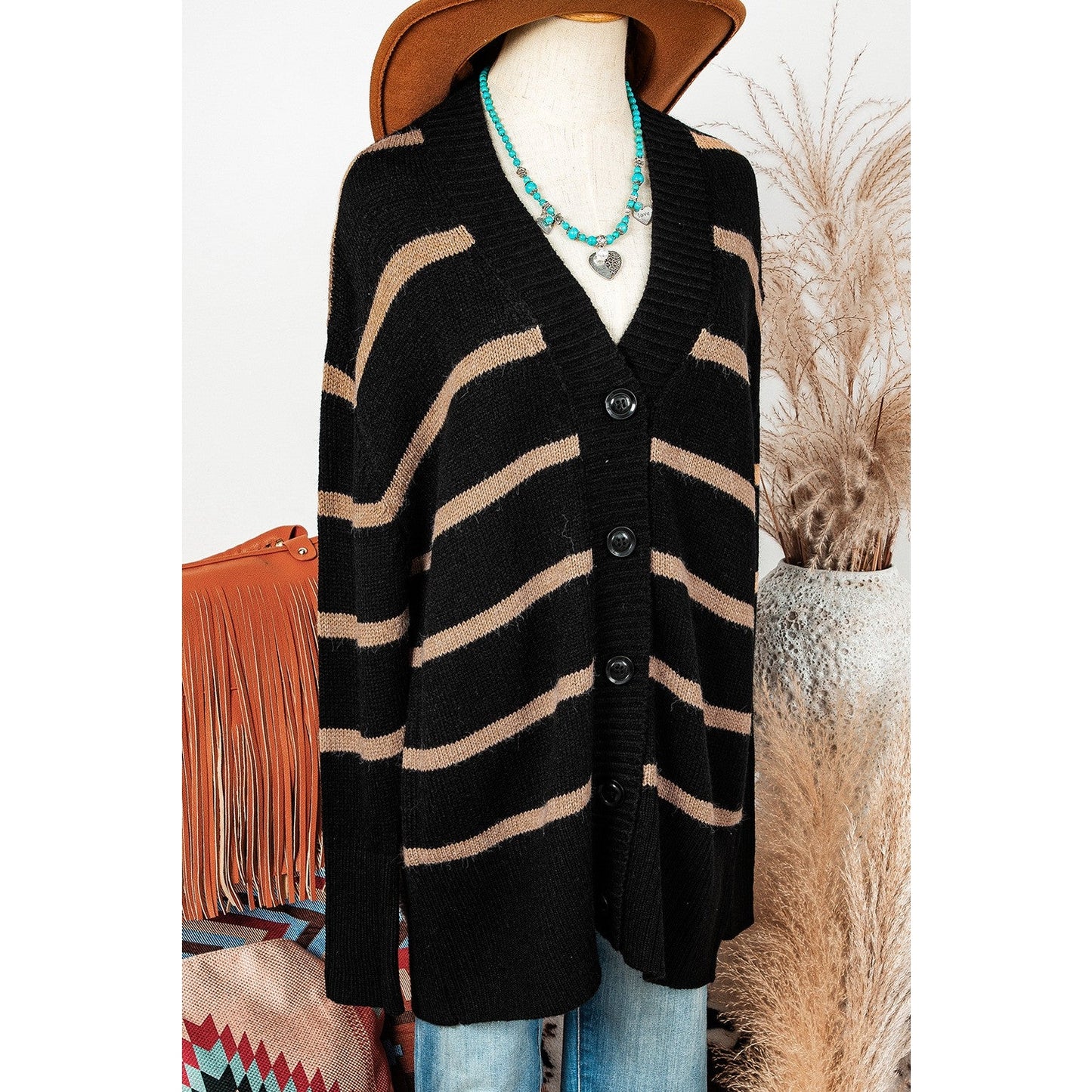 Jocie Black Stripe Buttoned V Neck Drop Shoulder Loose Cardigan