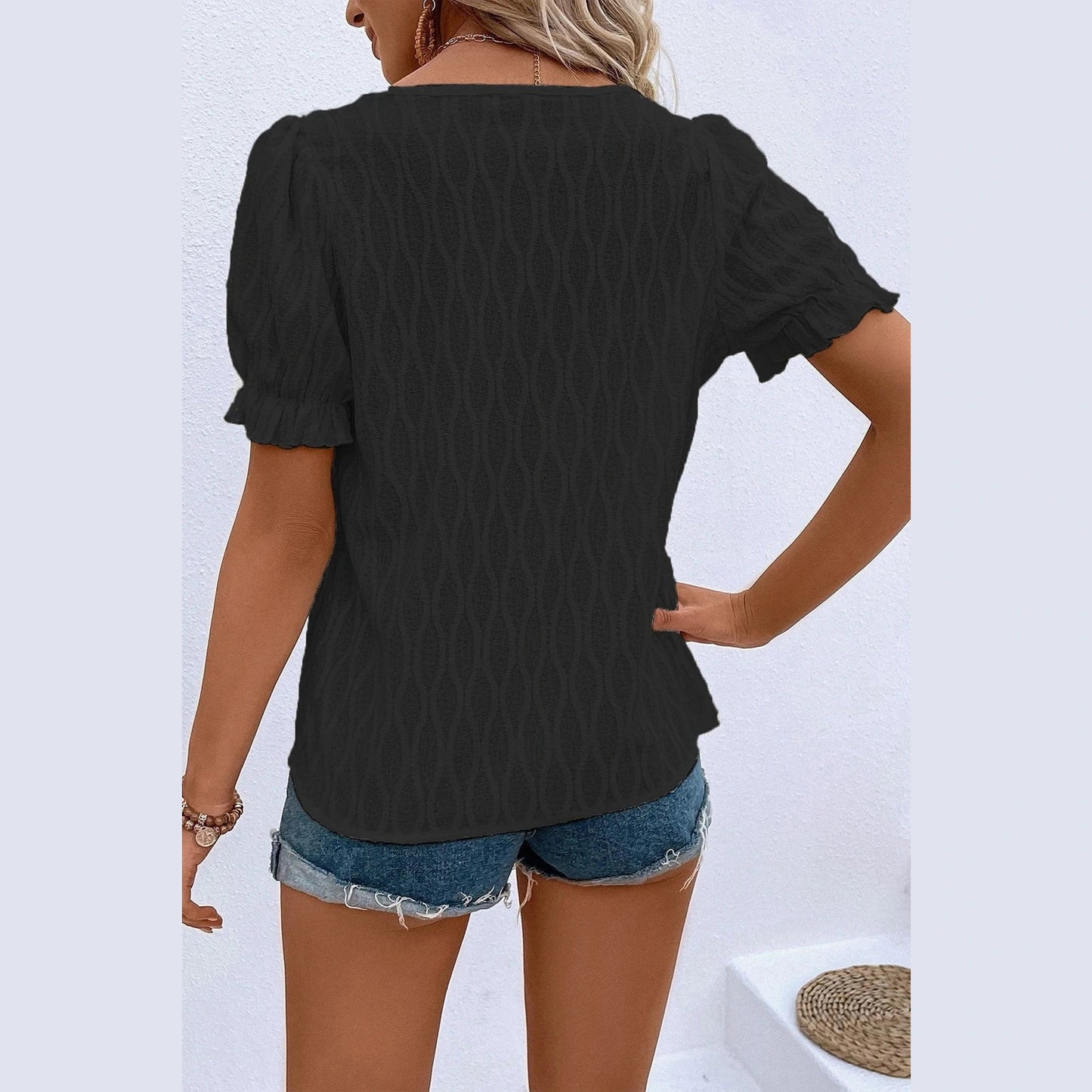 Jocie Black Textured Notched Neck Puff Sleeve Blouse