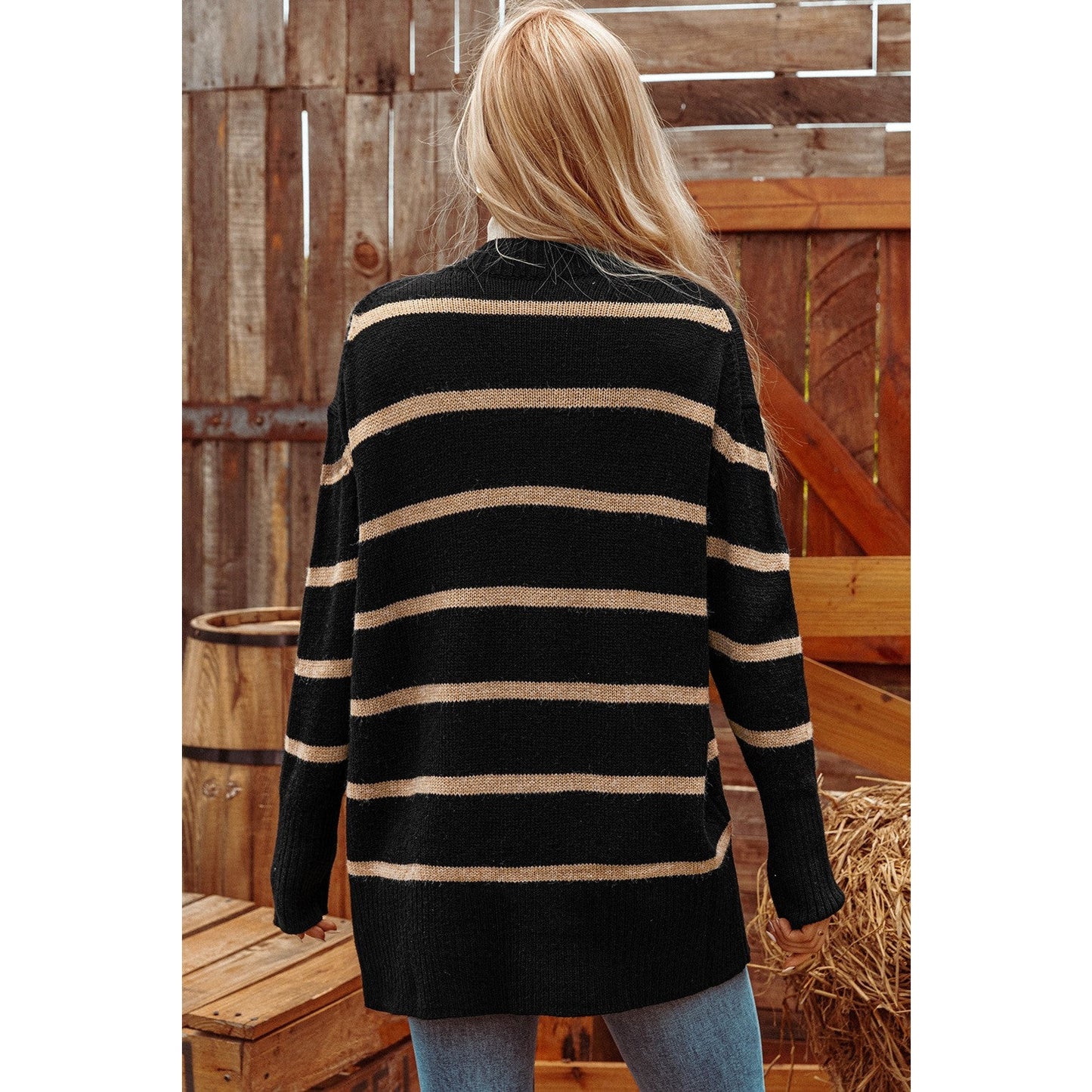 Jocie Black Stripe Buttoned V Neck Drop Shoulder Loose Cardigan