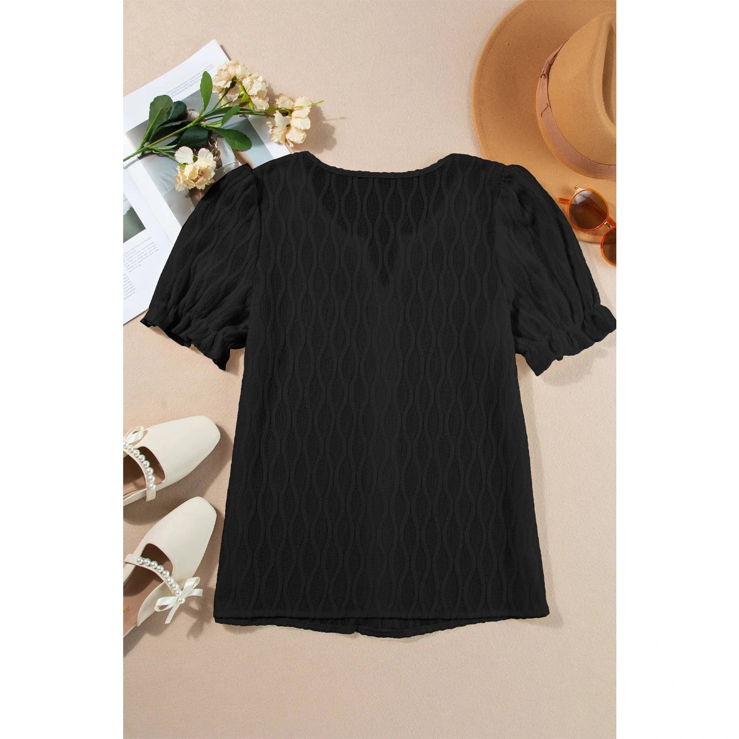 Jocie Black Textured Notched Neck Puff Sleeve Blouse