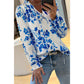 Jodeen Blue Floral Long Sleeve Lace-up V Neck Blouse