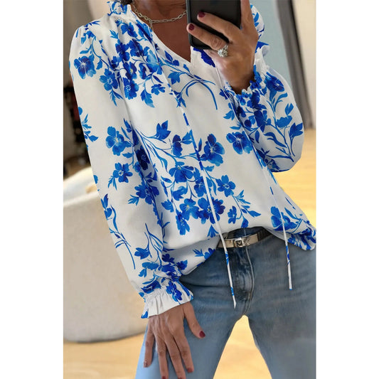 Jodeen Blue Floral Long Sleeve Lace-up V Neck Blouse