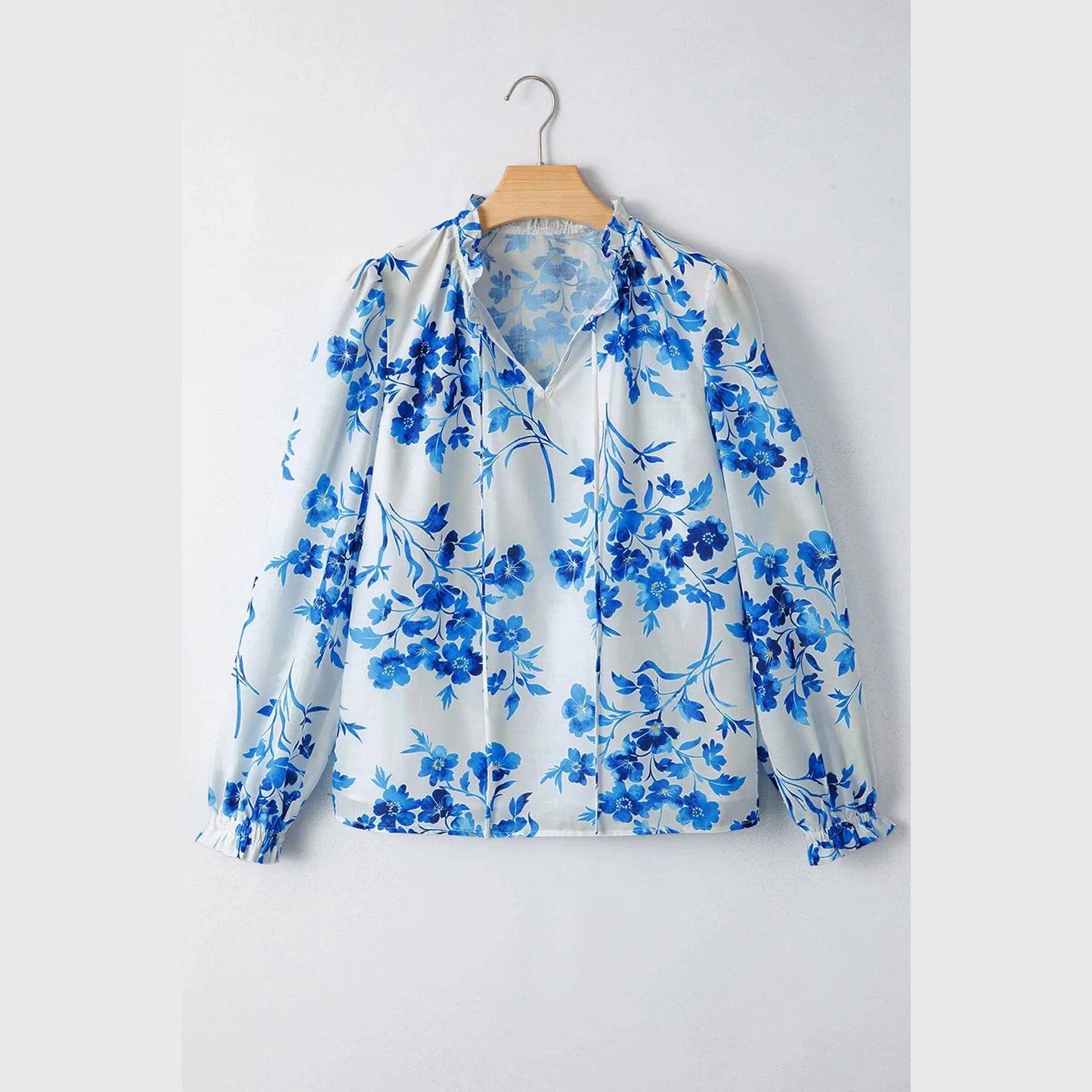 Jodeen Blue Floral Long Sleeve Lace-up V Neck Blouse