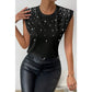 Joelinne Black Pearls Beaded Shoulder Pad Crew Neck Tank Top