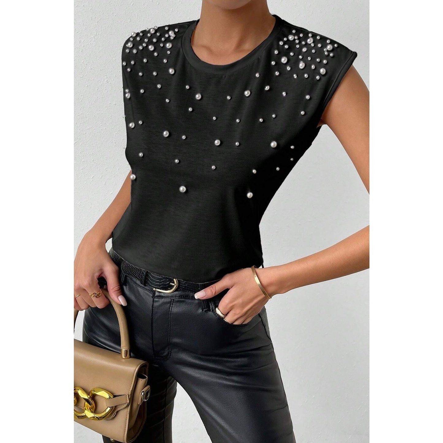 Joelinne Black Pearls Beaded Shoulder Pad Crew Neck Tank Top