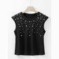 Joelinne Black Pearls Beaded Shoulder Pad Crew Neck Tank Top