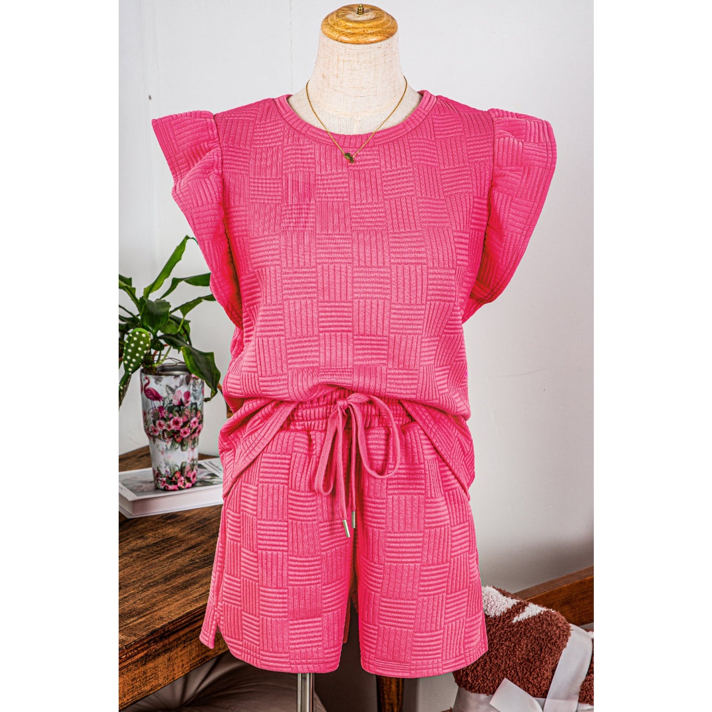 REDUCED!!!  Joella Bonbon Pink Textured Ruffled Sleeve Tee and Drawstring Shorts Set  REDUCED!!!