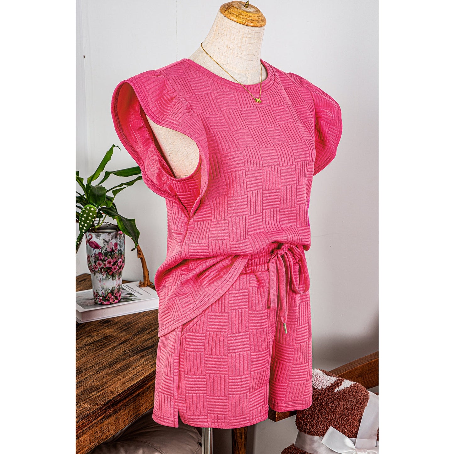 REDUCED!!!  Joella Bonbon Pink Textured Ruffled Sleeve Tee and Drawstring Shorts Set  REDUCED!!!