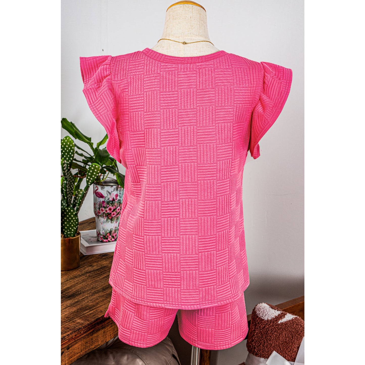 REDUCED!!!  Joella Bonbon Pink Textured Ruffled Sleeve Tee and Drawstring Shorts Set  REDUCED!!!