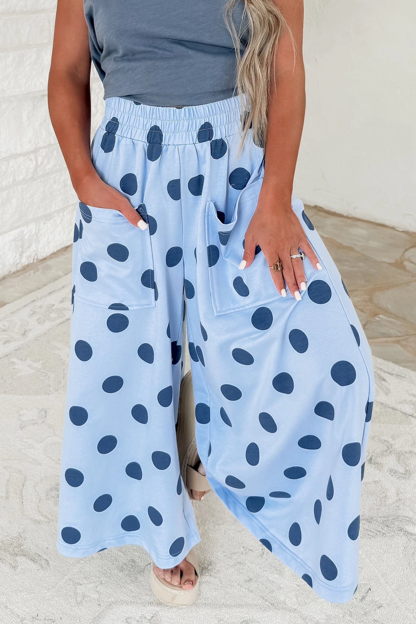 Joey Sky Blue Polka Dot Wide Leg Elastic Waist Casual Pants