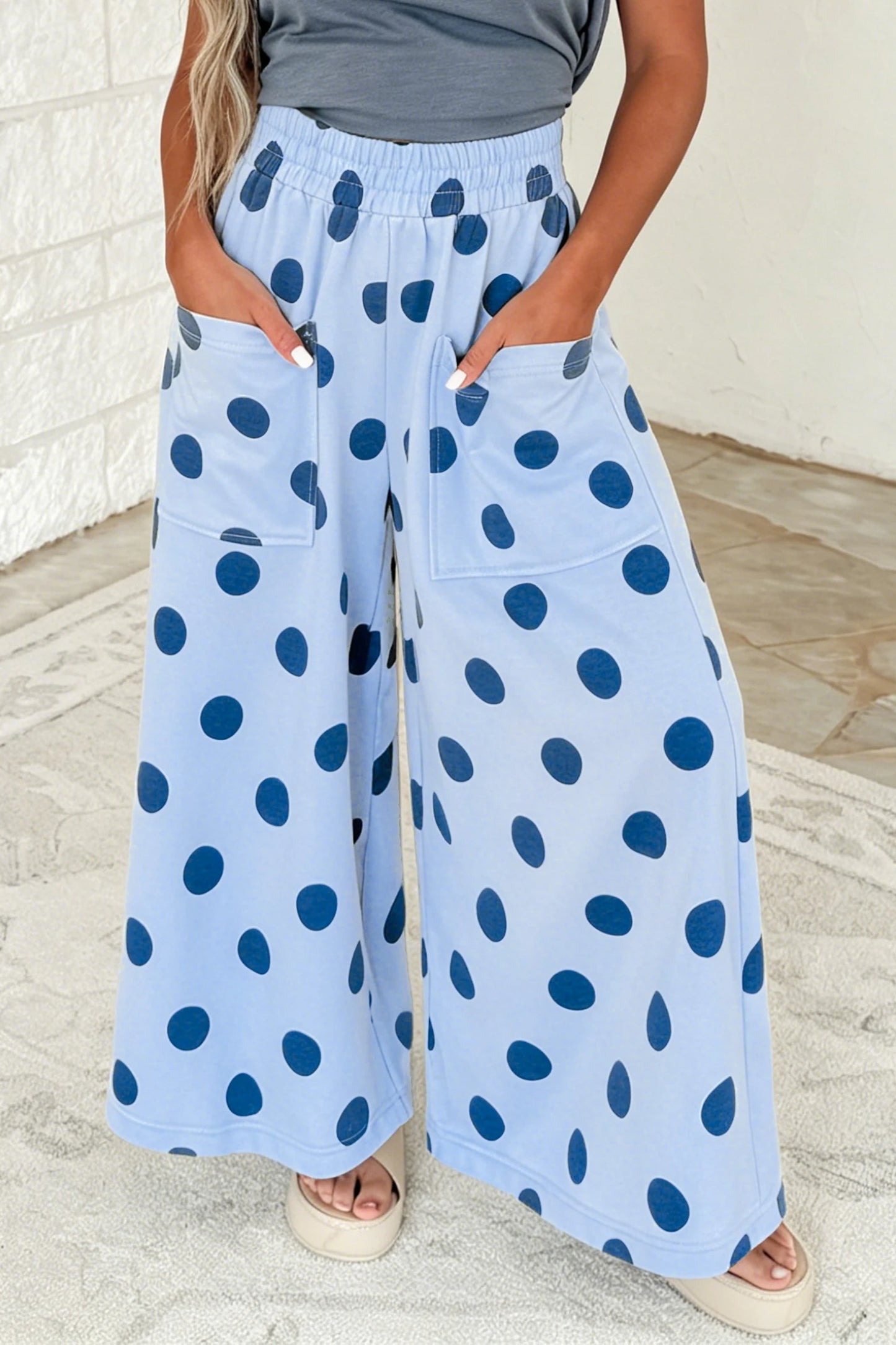 Joey Sky Blue Polka Dot Wide Leg Elastic Waist Casual Pants