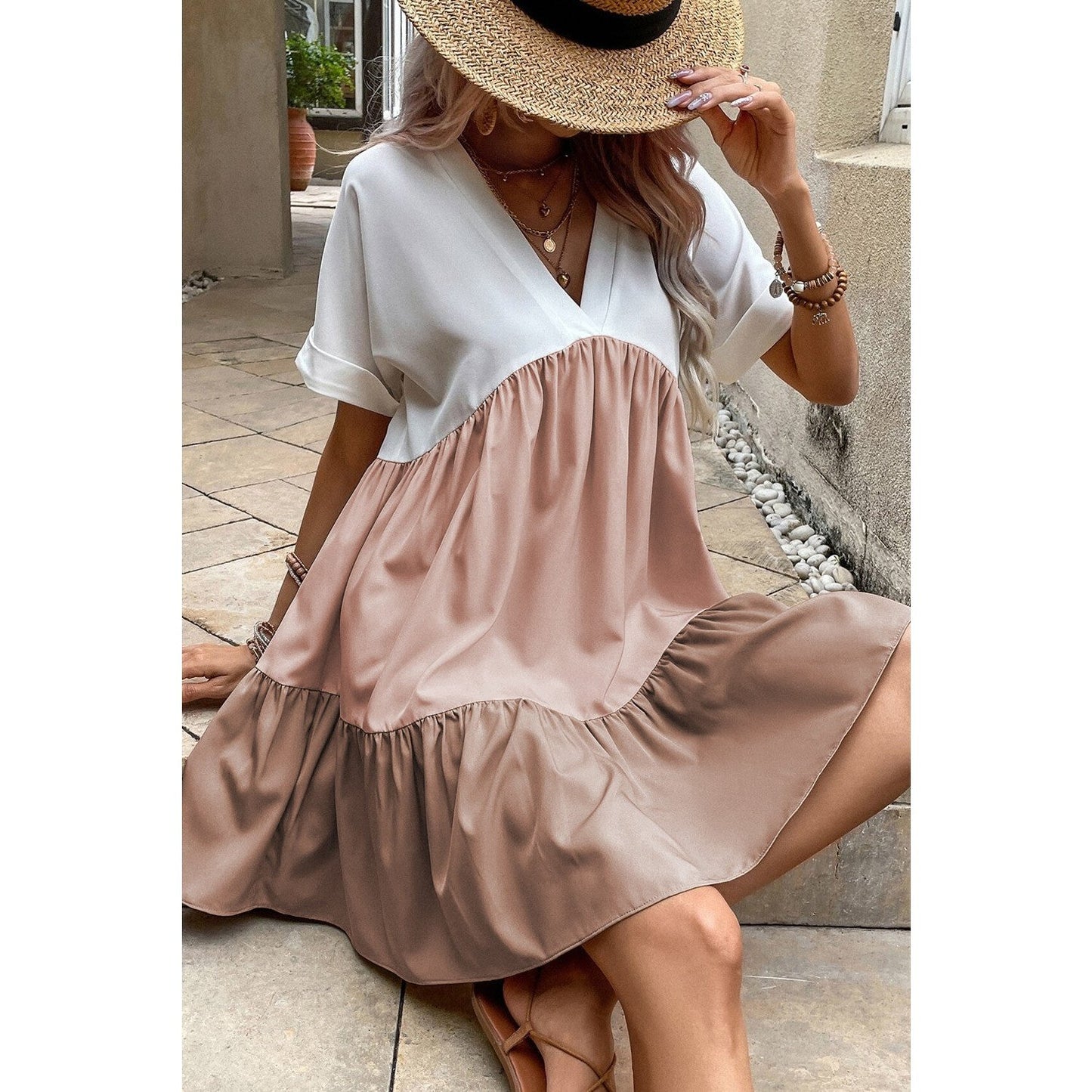 Joji Light French Beige Triple Colors V Neck Folded Cuffs Tiered Loose Dress