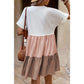 Joji Light French Beige Triple Colors V Neck Folded Cuffs Tiered Loose Dress