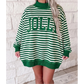 Green Stripe Christmas Jolly Embroidery Patched Mock Neck Oversized Sweatshirt