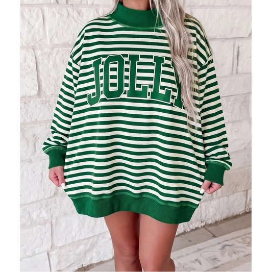 Green Stripe Christmas Jolly Embroidery Patched Mock Neck Oversized Sweatshirt