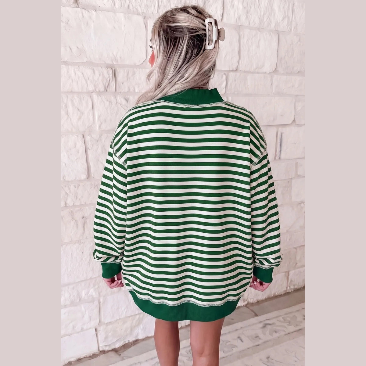 Green Stripe Christmas Jolly Embroidery Patched Mock Neck Oversized Sweatshirt
