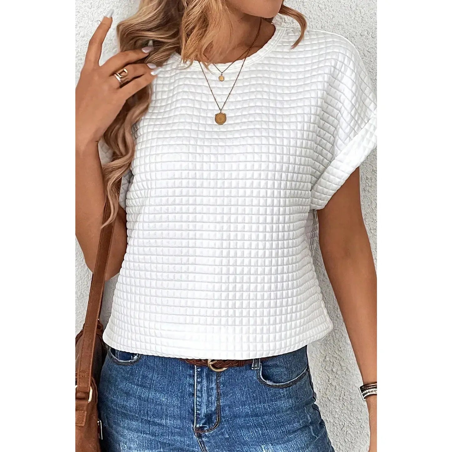 Joney White Checkered Textured Bat Sleeve T Shirt