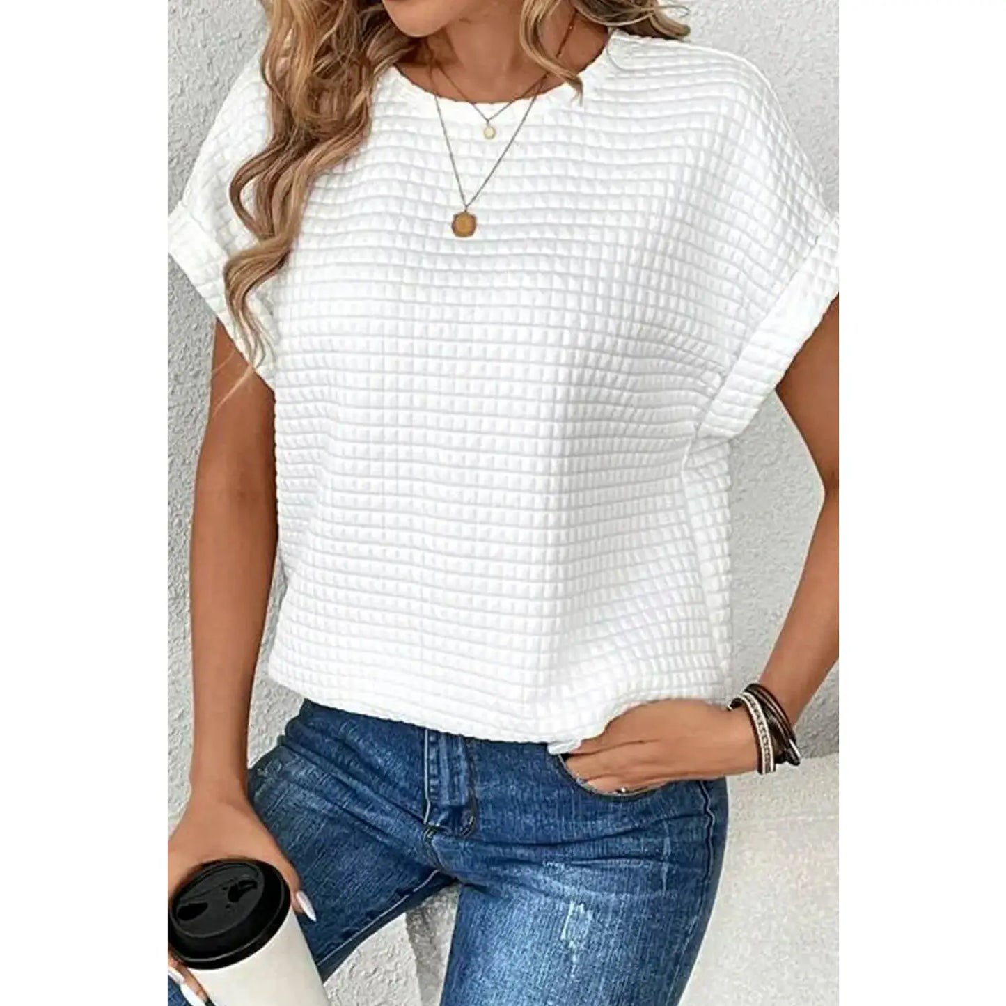 Joney White Checkered Textured Bat Sleeve T Shirt