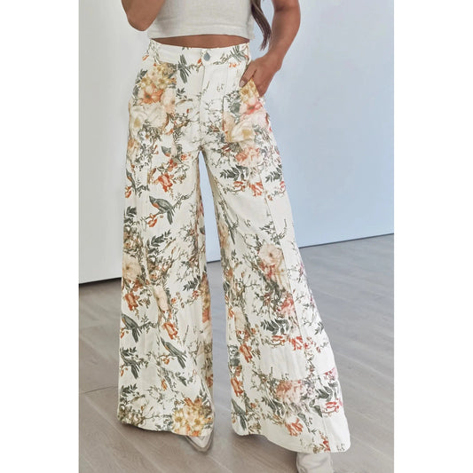 Joni Beige Vintage Style Floral Print High Waist Wide Leg Jeans