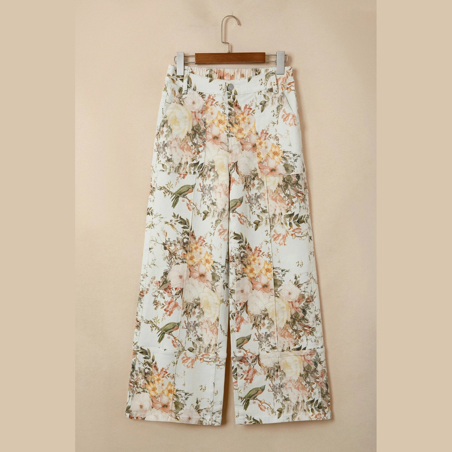 Joni Beige Vintage Style Floral Print High Waist Wide Leg Jeans