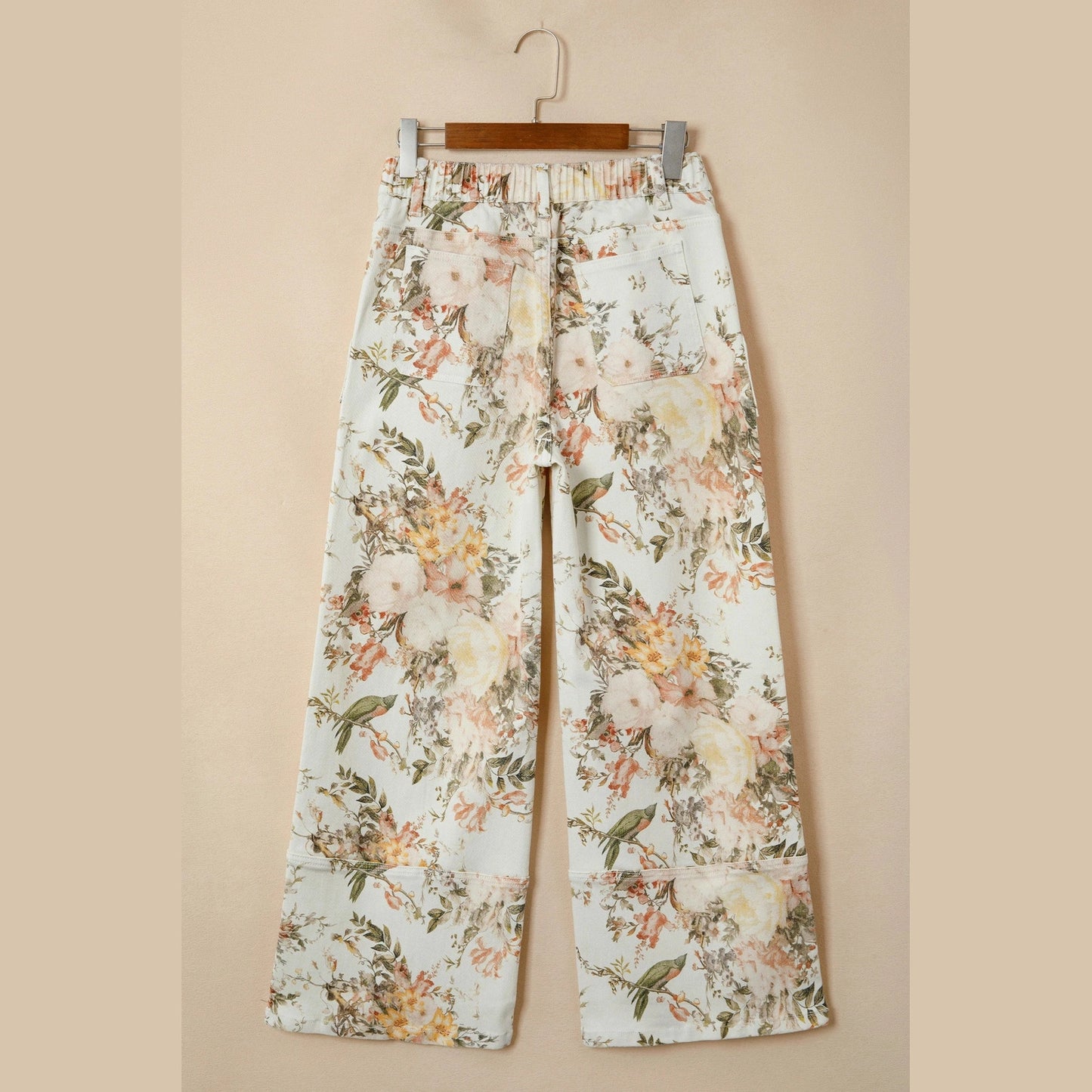 Joni Beige Vintage Style Floral Print High Waist Wide Leg Jeans