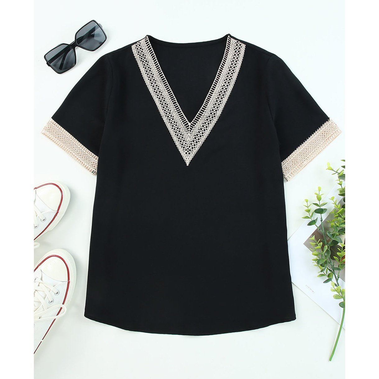 Jonine Black Lace Trim V Neck Short Sleeve Blouse