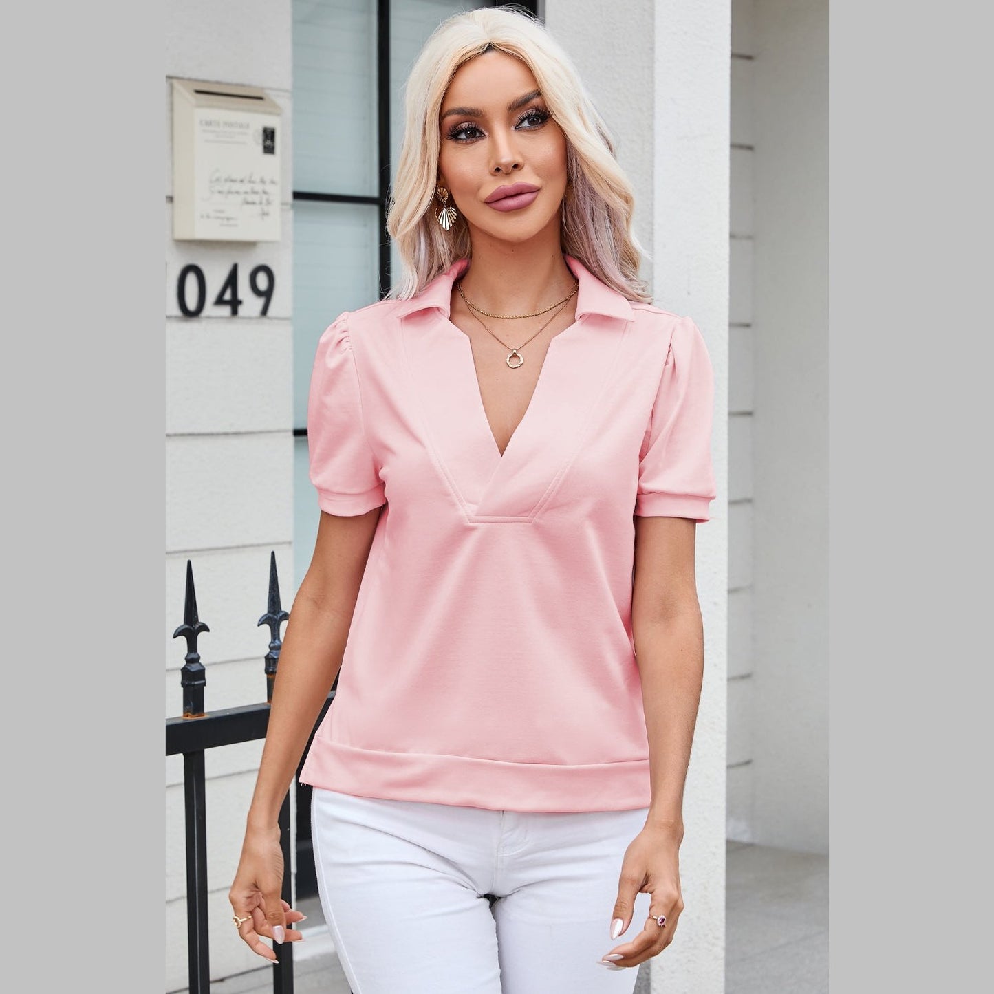 Jordanna Pink Collared V Neck Puff Sleeve T-shirt