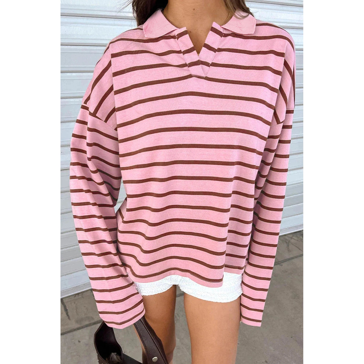 Jorry Pink Stripe Striped Long Sleeve Collar Shift Top